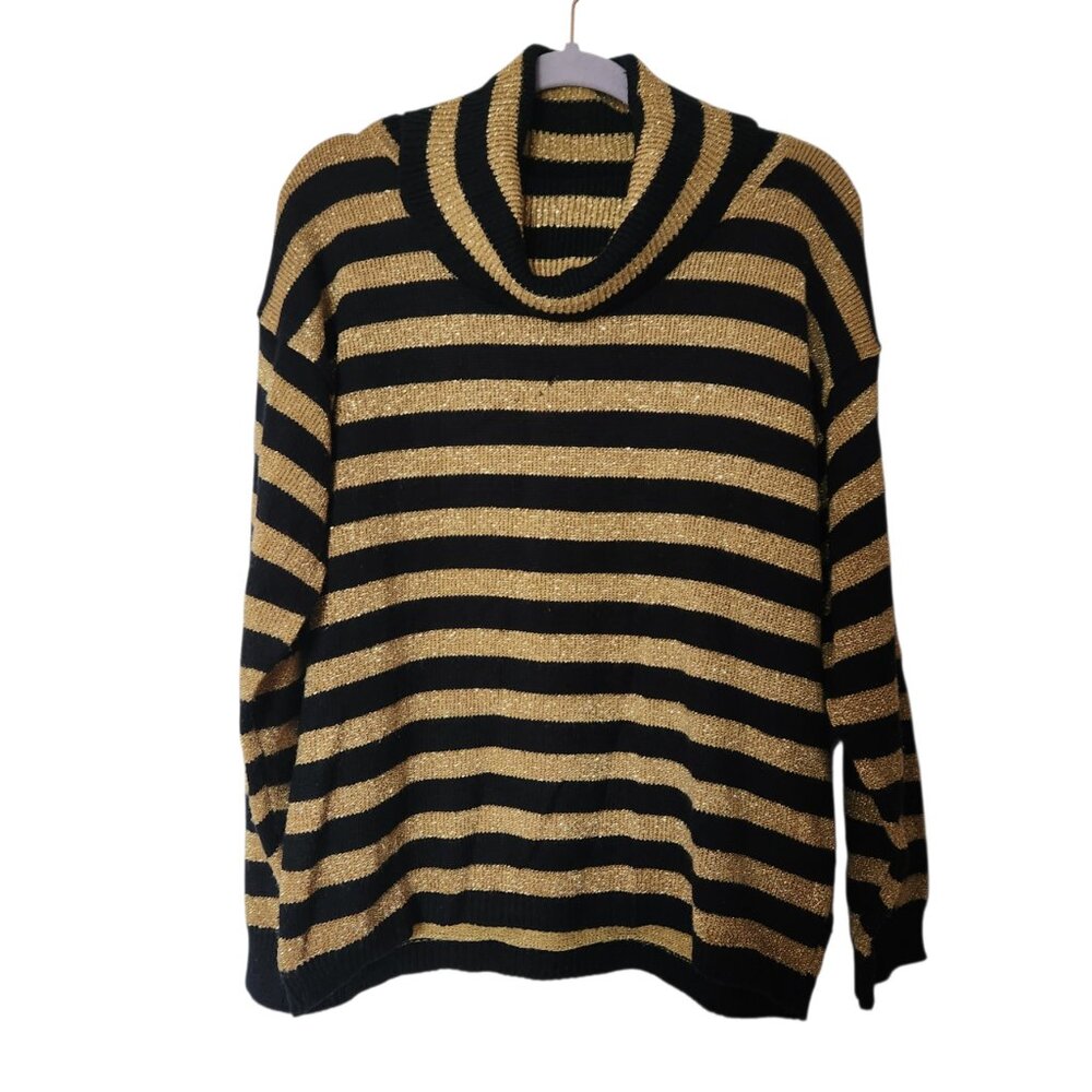 80s Vintage Cozy Holiday Fall Turtleneck Black Metallic Gold Striped Sweater